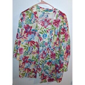Blair White Floral 3/4 Roll Tab Sleeve Button Up Blouse Sz 1X